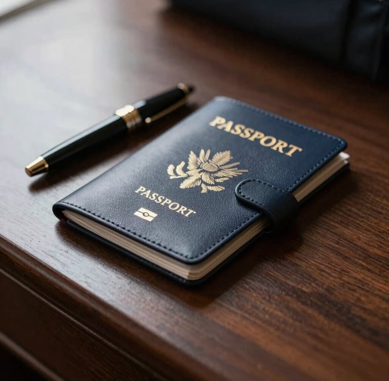 Close-up of a premium leather passport holder and fountain pen resting on a dark mahogany desk, soft natural daylight, shallow depth of field.