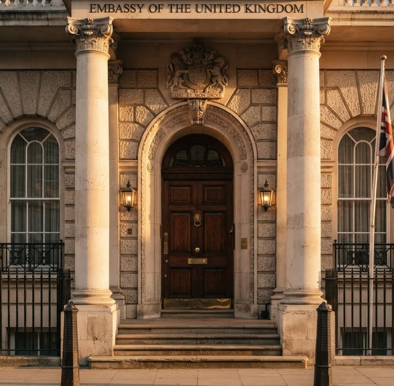 Symmetrical architectural crop of a classical embassy entrance, warm golden hour light reflecting on limestone pillars, elegant and secure aesthetic.