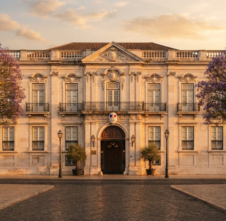 Symmetrical architectural framing of a classic European embassy facade in Lisbon, soft golden hour sunlight reflecting off stone arches, elegant high-end travel feel, 35mm lens.