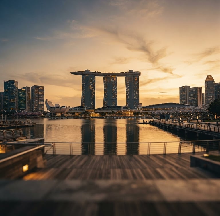 Symmetrical architectural view of Singapore Marina Bay skyline at golden hour, clean lines, shallow depth of field, warm editorial photography style