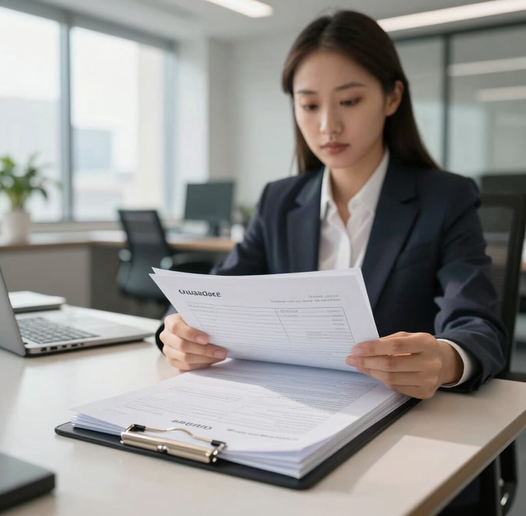 Portrait shot of a professional organizing legal paperwork in a bright modern office, crisp daylight, sharp focus on the documents.
