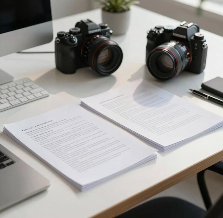 Bright, natural daylight illuminating a modern workspace with legal documents organized on a desk and professional camera gear in the background.