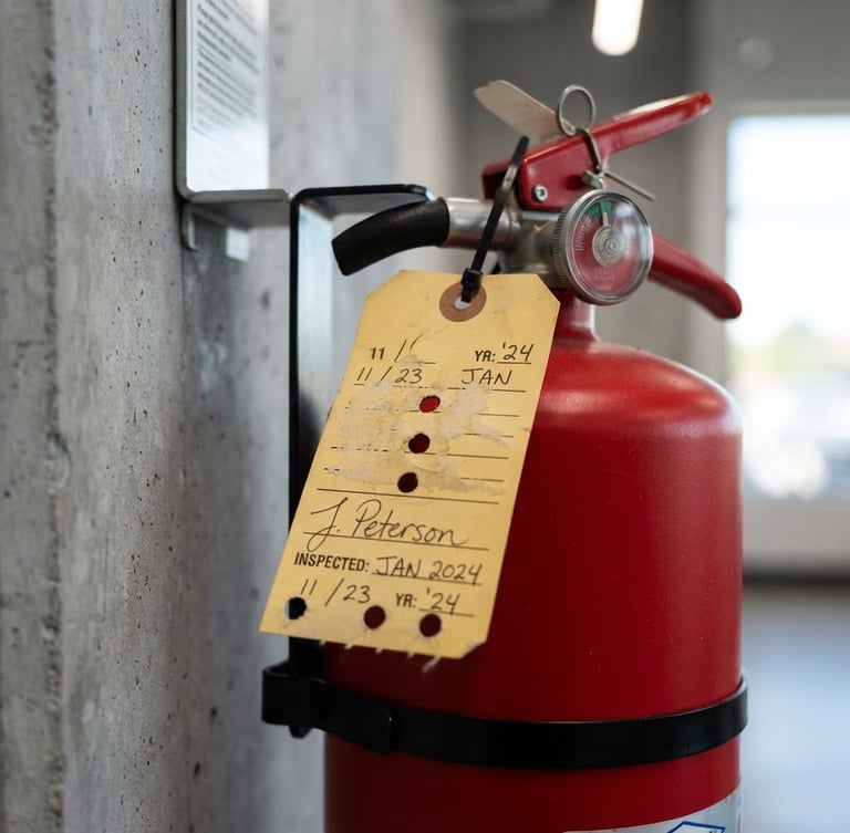 A crisp close-up of a signed yellow compliance tag attached to a clean red fire extinguisher, bright indoor commercial lighting, sharp focus, 35mm lens.
