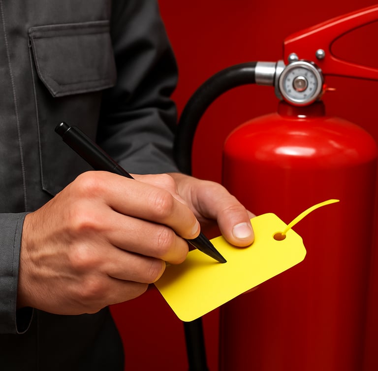 Close-up of a certified yellow compliance tag being signed by a technician in a dark grey uniform, red fire extinguisher in background, sharp focus, crisp commercial lighting