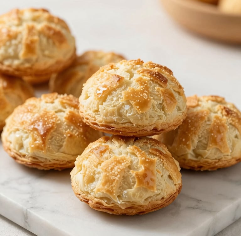 Close-up of golden-brown flaky pastries stacked on a clean marble counter, soft morning daylight, warm amber tones, shallow depth of field