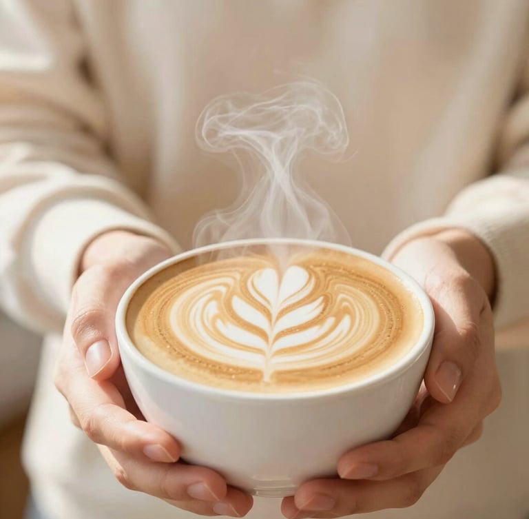 Close-up of steam rising from a freshly poured latte with intricate leaf art, held in warm hands, bright natural morning sunlight, soft cream tones