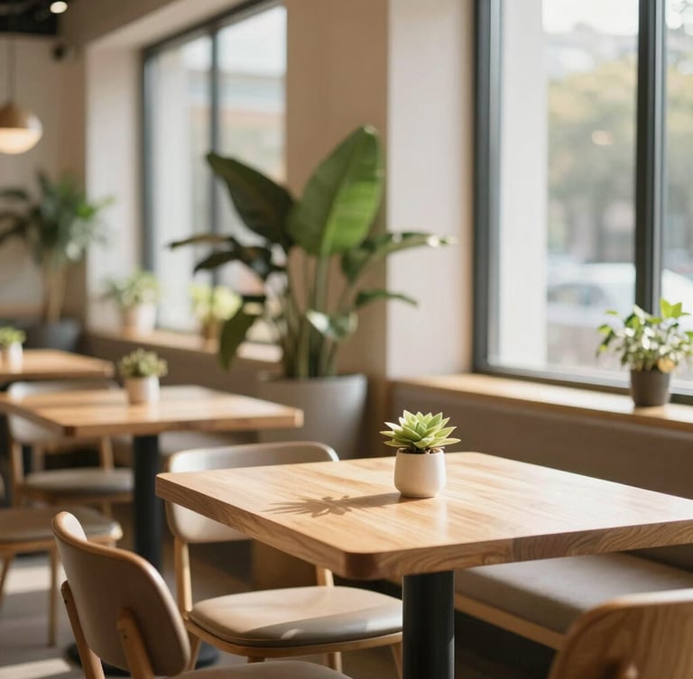 A bright, sun-drenched modern cafe interior with light wood tables, green plants, and large windows streaming soft morning daylight