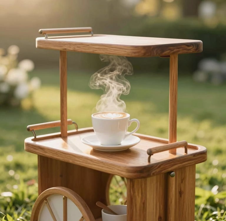 A beautifully designed wooden mobile espresso cart set up at an elegant outdoor wedding, steam rising from a latte, soft golden hour sunlight, lush green background, 35mm