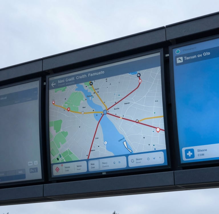 Close-up of digital dispatch screens showing route maps with cool overcast daylight and steel blue tones, sharp focus, 35mm