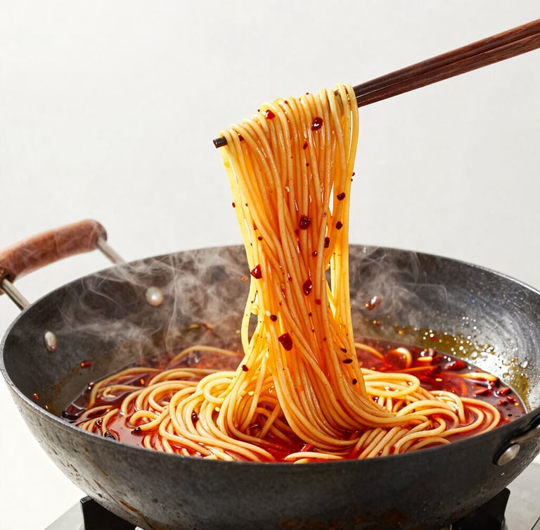 Close-up of a chef tossing fresh Dan Dan noodles in a hot wok, vibrant red chili oil glistening, steam rising, bright natural daylight, high-key background.