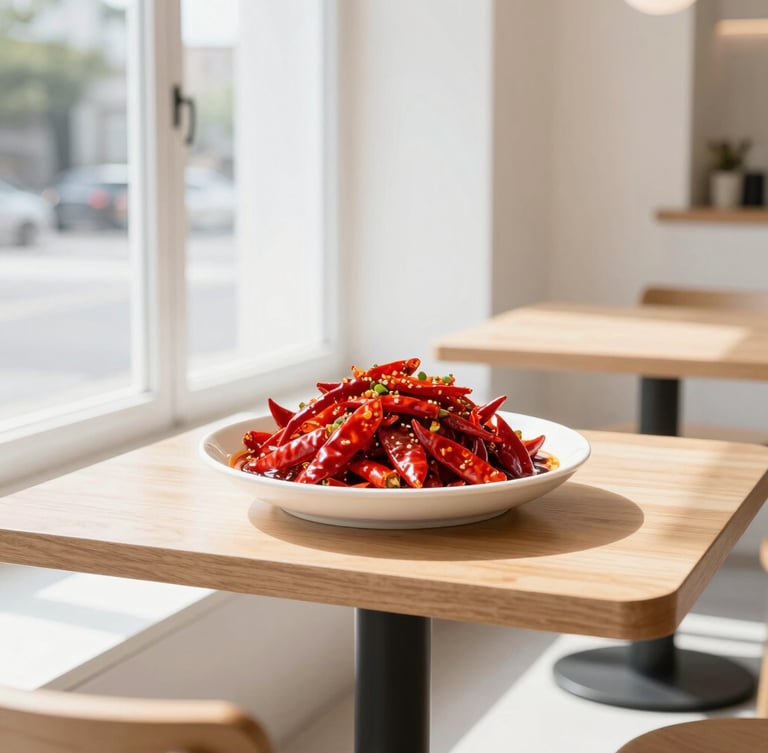 Bright, sunlit modern restaurant interior with minimalist wooden tables, clean white walls, large windows letting in natural daylight, soft shadows.