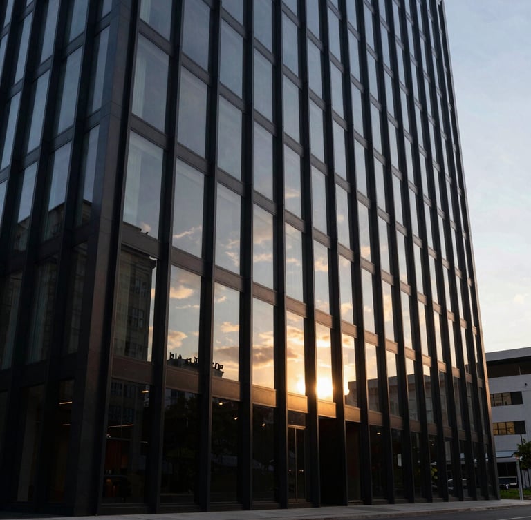 Vista em ângulo contra-plongée de uma fachada corporativa minimalista em vidro escuro e aço escovado, iluminação dramática de fim de tarde com reflexos dourados sutis, sem pessoas, composição geométrica precisa.