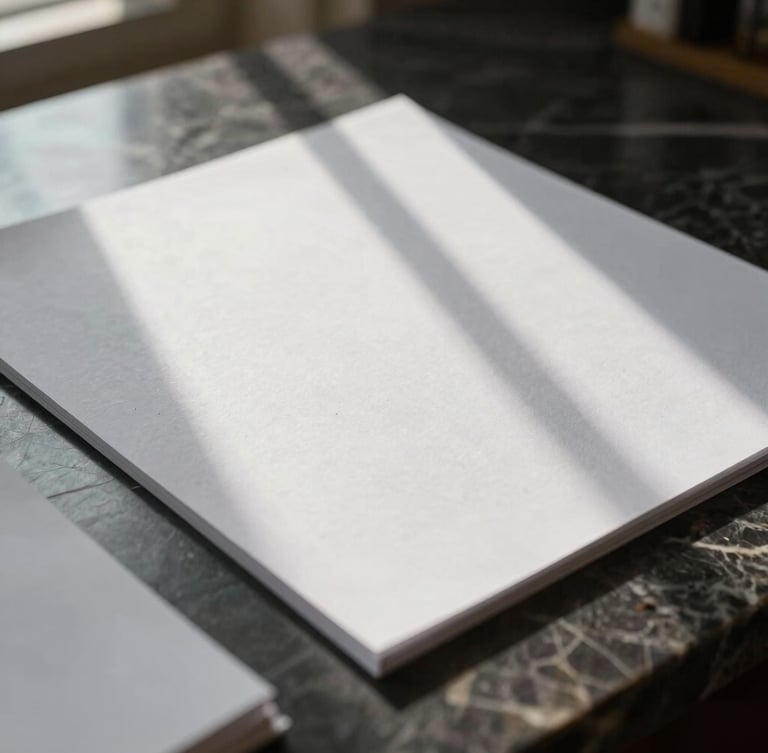 Close-up of high-quality textured paper documents resting on a dark marble desk, soft natural window light casting elegant shadows, minimalist composition.