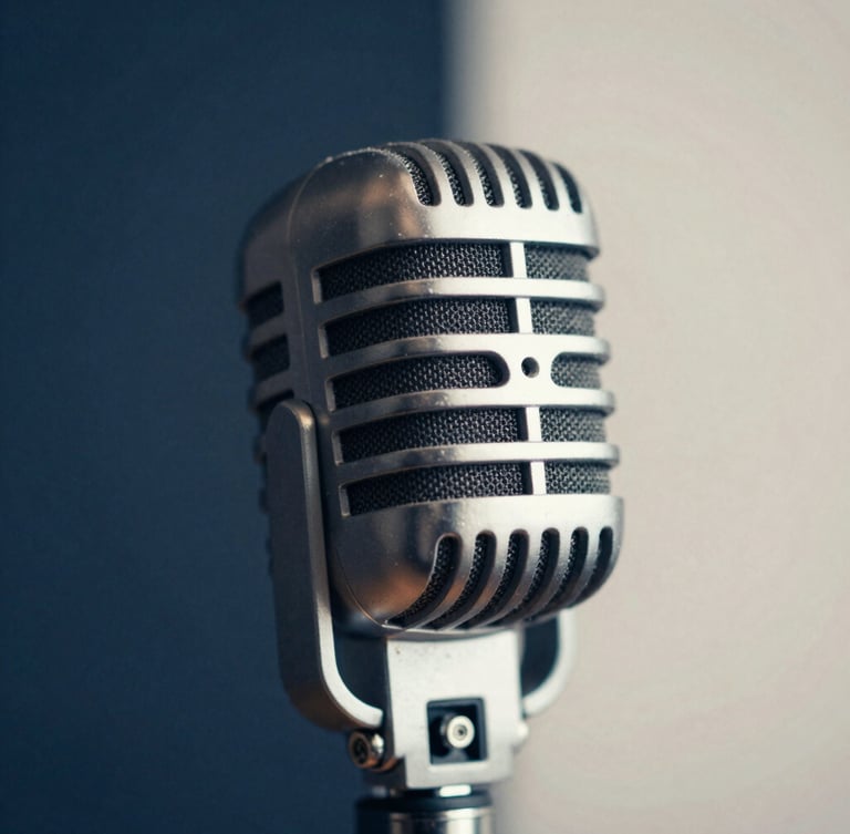 Macro shot of a high-end vintage studio microphone, warm soft light, deep blue shadows, shallow depth of field, 35mm editorial style