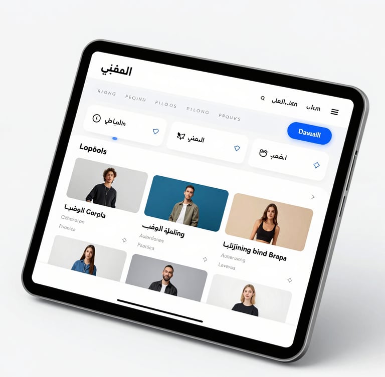 Sleek modern tablet mockup showing a high-fidelity Arabic e-commerce store dashboard, clean UI elements, bright studio lighting with soft blue accents, sharp focus.