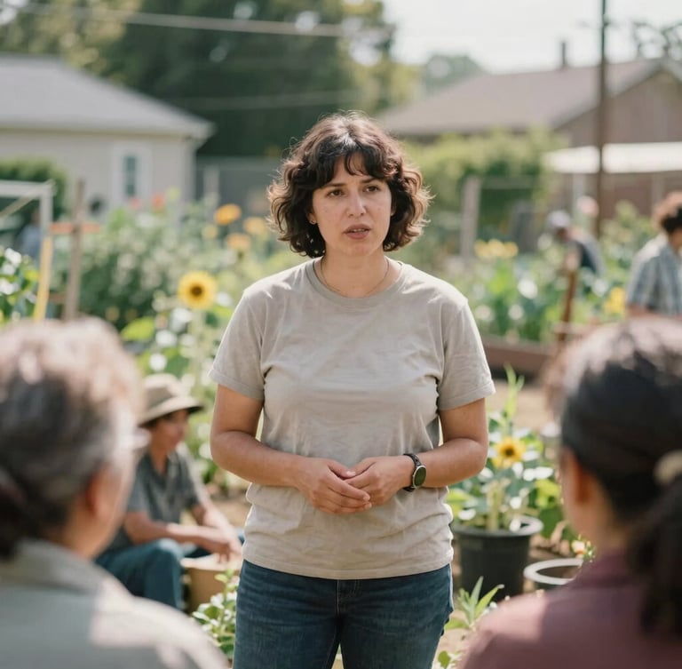 A candid, respectful portrait of a community organizer speaking with local residents in a sunlit community garden, warm editorial photography, shallow depth of field, 35mm film aesthetic.