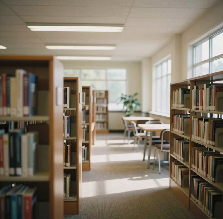 A quiet, wide environmental shot of a sunlit community center library, warm ambient indoor light, shallow depth of field, 35mm film aesthetic.