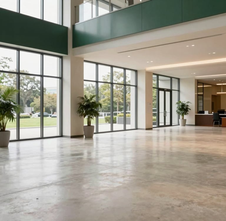 Wide environmental shot of a pristine, modern commercial office lobby with large windows and polished concrete floors, bathed in natural overcast light