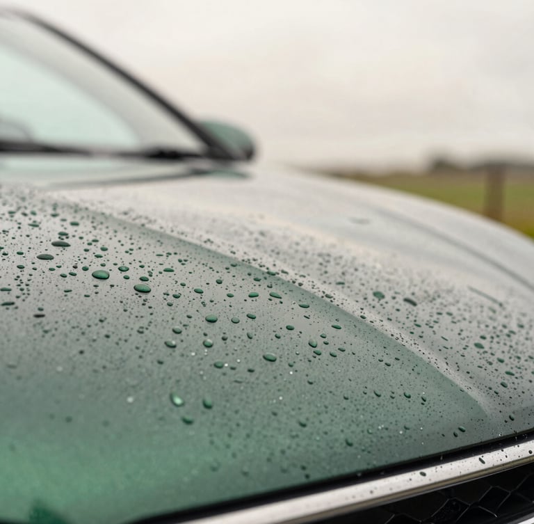 Macro shot of water beading perfectly on deep green metallic car paint, soft overcast Irish daylight, shallow depth of field