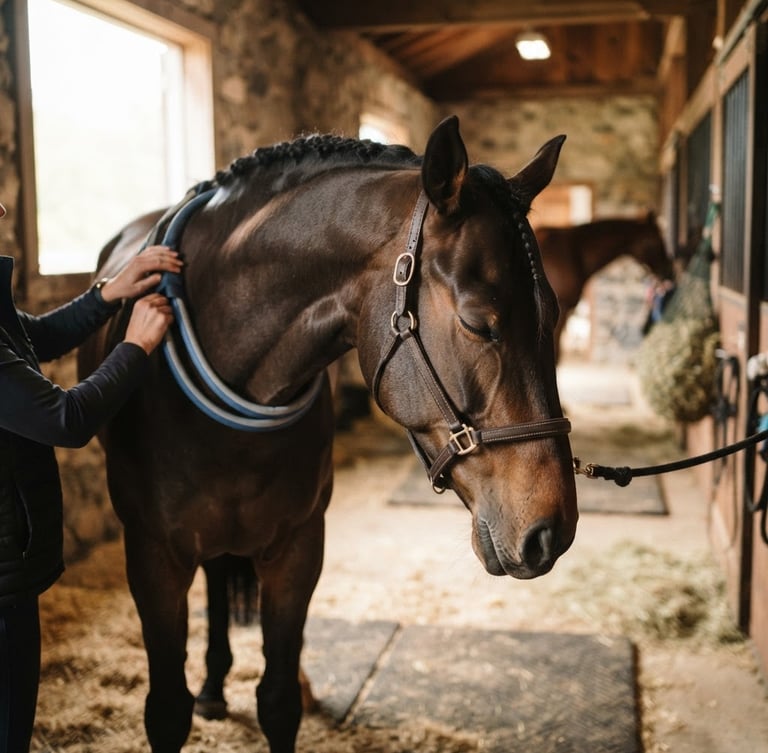 Crisp editorial photography of a sport horse showing deep relaxation with soft eyes and dropped head during PEMF therapy in natural morning stable light, shallow depth of field, 35mm lens.