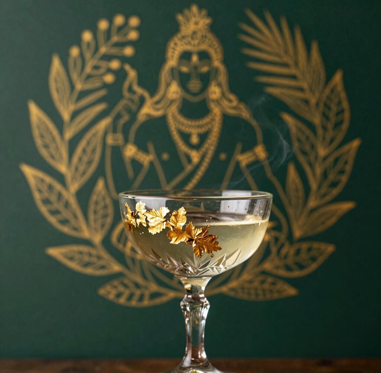 A close-up of a smoking molecular cocktail in a crystal coupe glass with real gold leaf accents, set against a dark emerald wall featuring a subtle, elegant golden line art illustration of Lord Shiva surrounded by exotic botanical leaves, warm dramatic lighting, 35mm