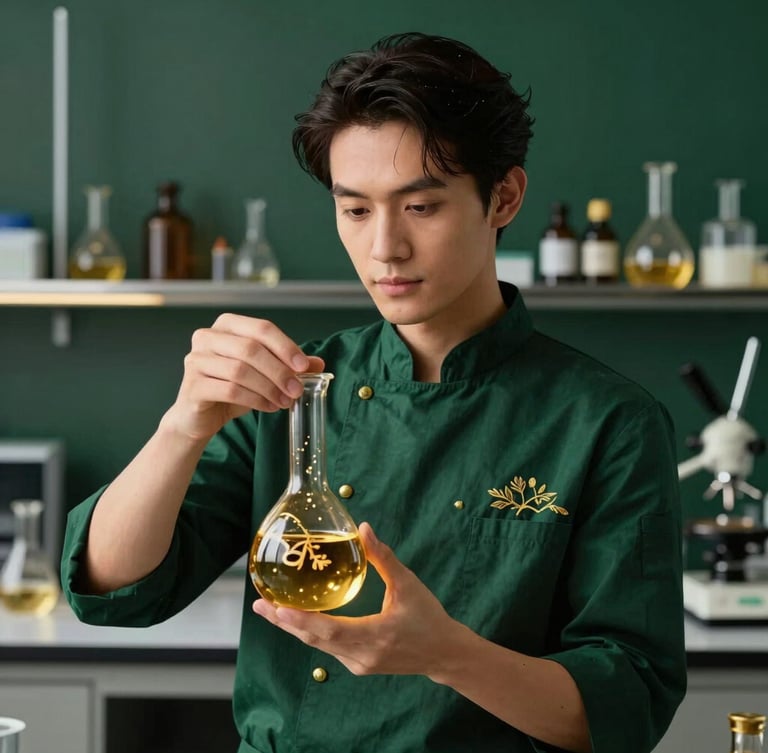 An elegant portrait of a premium culinary designer in a clean, dark emerald laboratory setting, holding a golden molecular flask, warm editorial lighting, 35mm