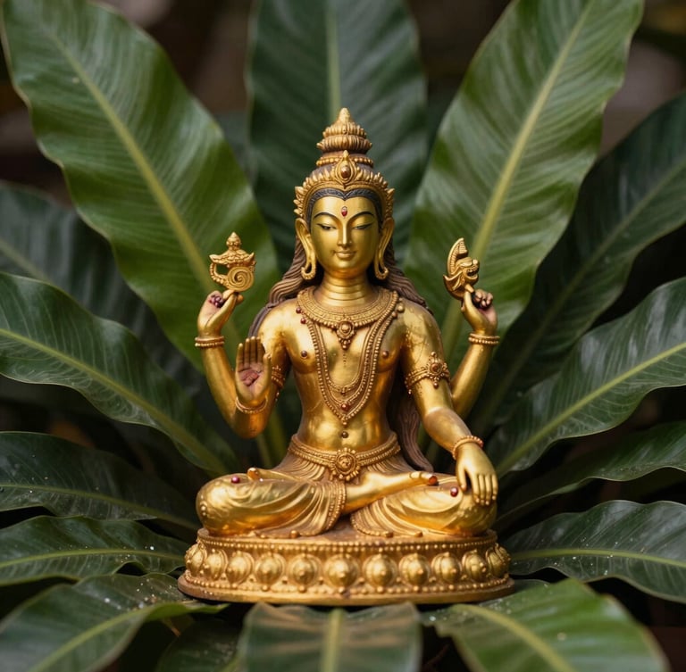 Elegant golden statue of Shiva sitting among lush emerald tropical leaves, warm dramatic lighting, macro details, 35mm photography