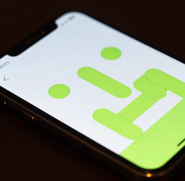 Extreme close-up angled perspective of a modern Android phone screen showing a fluid, minimalist physics puzzle with neon green accents, soft dark ambient light reflecting on the glass edge.