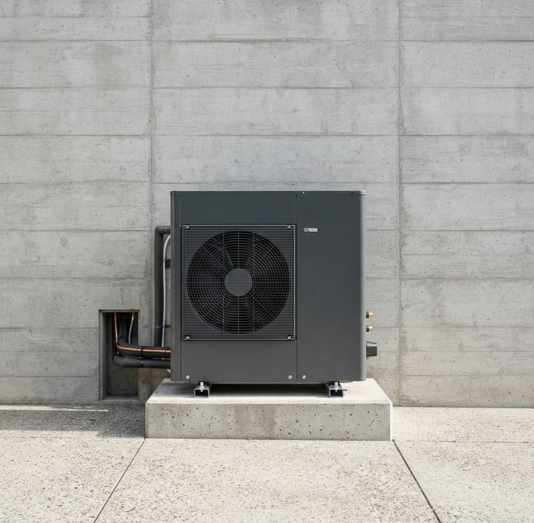 Clean architectural photography, straight-on medium shot of a modern outdoor heat pump unit neatly installed next to a minimalist concrete wall, bright daylight, crisp details, 35mm lens
