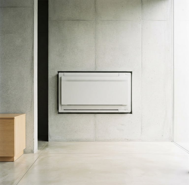 Straight-on architectural photography of a sleek modern indoor heat pump unit integrated into a minimalist concrete wall, bright natural morning daylight, crisp details, 35mm lens