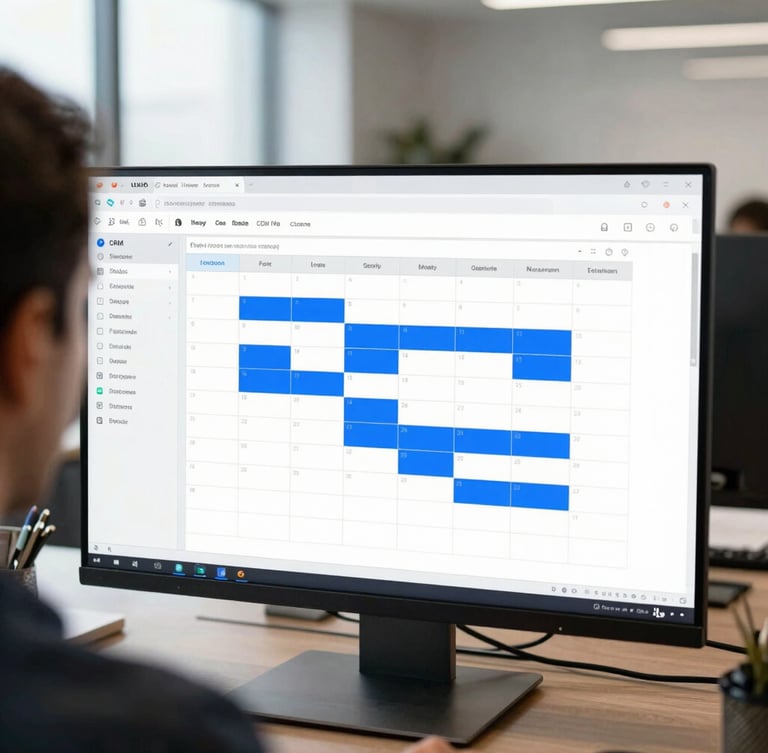 Over-the-shoulder shot of a modern clean CRM dashboard in a CDMX office, showing a fully booked calendar with blue appointment blocks, cool natural office light