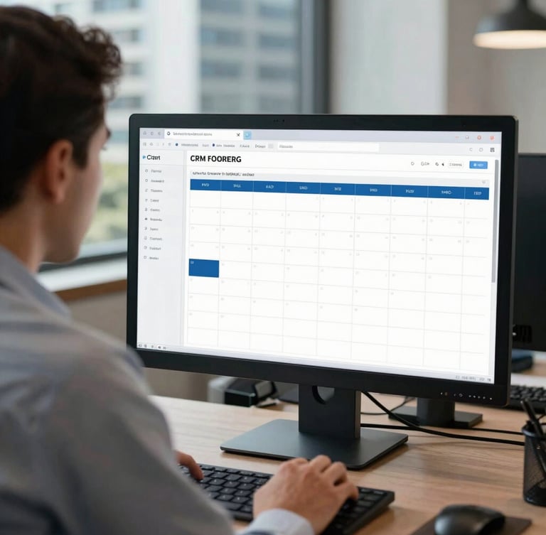 Over the shoulder shot of a professional sales executive analyzing a clean CRM calendar dashboard on a sleek monitor, cool natural office light, CDMX business district background