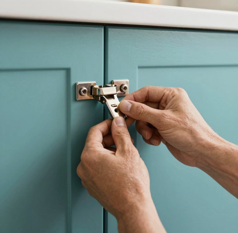 Close-up of a professional technician's hands installing a shiny metal hinge on a clean teal aluminum kitchen cabinet, bright indoor lighting, sharp focus, 35mm