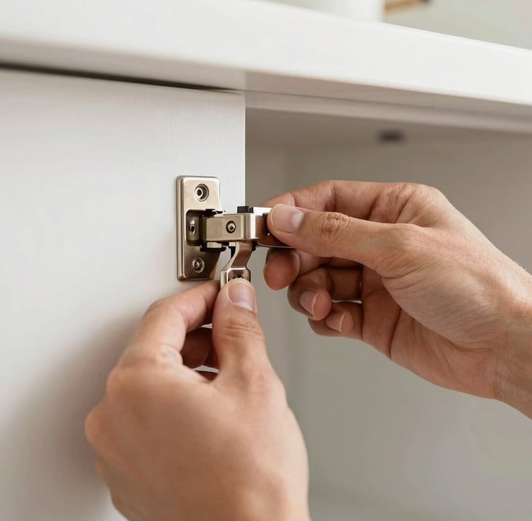 Close-up of hands installing a shiny metallic hinge on a clean aluminum cabinet, bright natural indoor kitchen lighting, sharp focus on materials, 35mm