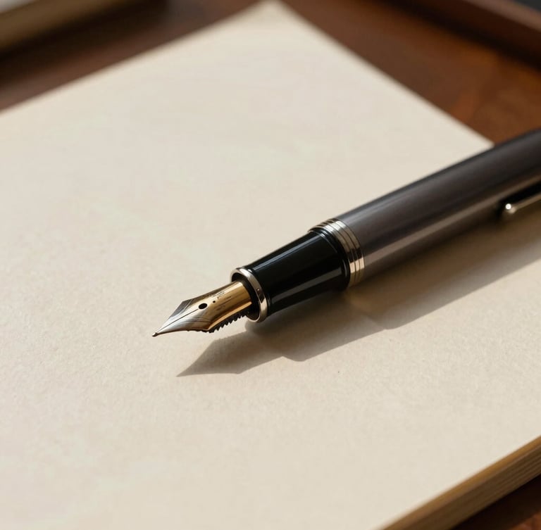 A close-up of a fountain pen resting on a textured cream paper document, natural window light casting soft shadows, heritage office setting.