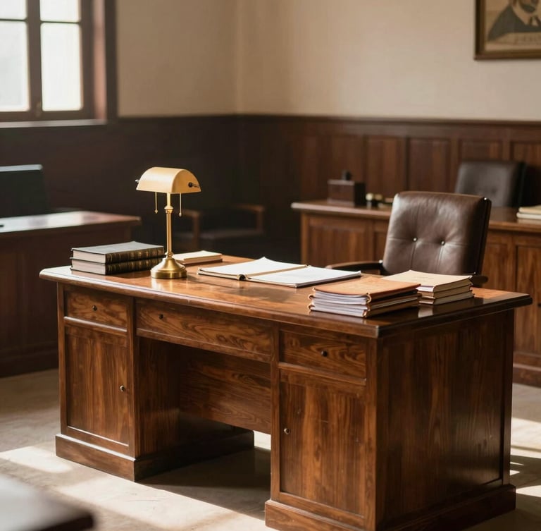 A quiet, sunlit law chamber in Lahore with a heavy oak desk, neatly arranged legal folios, and a brass lamp, captured from a respectful distance with warm side-lighting.