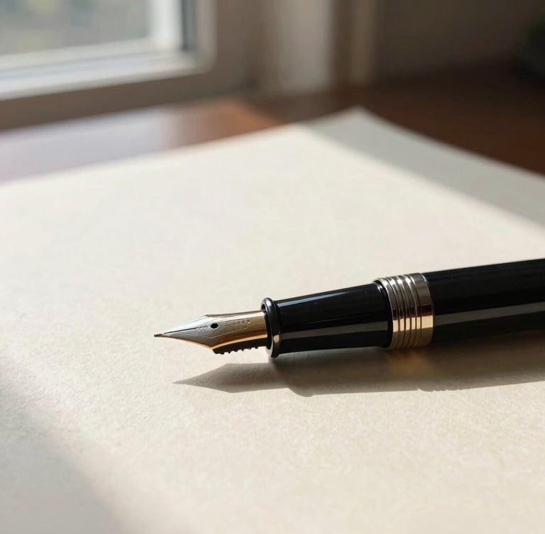 A close-up of a fountain pen resting on a textured, heavy cream paper document, natural side lighting from a tall window, soft shadow, elegant and quiet.