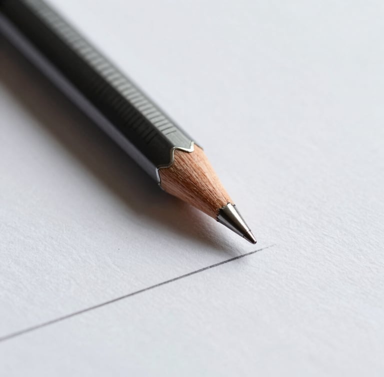 Macro shot of a technical mechanical pencil drawing a precise line on textured white paper, soft natural daylight, shallow depth of field.