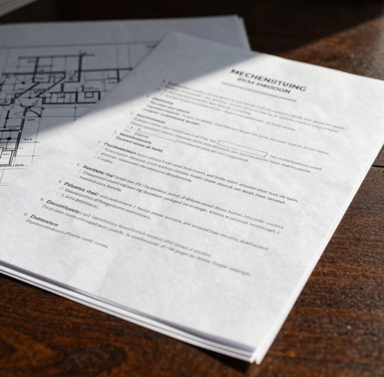 Close-up macro shot of official government bidding documents layered over architectural blueprints on a dark wooden desk, sharp natural side lighting, deep structural shadows.