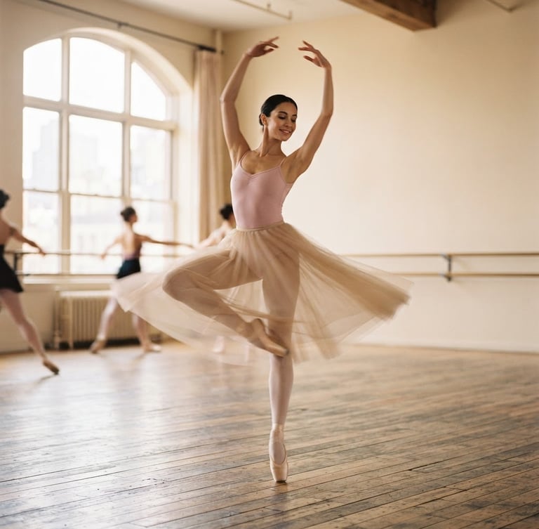 Wide shot of a ballerina in fluid motion, mid-pirouette, bathed in soft, natural daylight from large studio windows, warm beige and powder pink tones, shallow depth of field, elegant motion blur, studio interior in background.