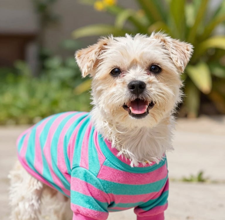 Close-up of a happy small dog wearing a vibrant teal and pink striped cotton shirt, looking directly at the camera, bright natural daylight, outdoor garden background