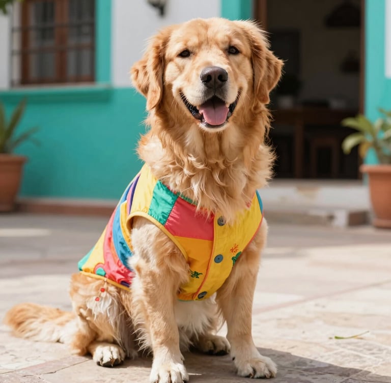 Bright pet photography, a happy golden retriever wearing a colorful handmade shirt, sitting in a sunny Mexican patio, vibrant teal accents, 50mm lens