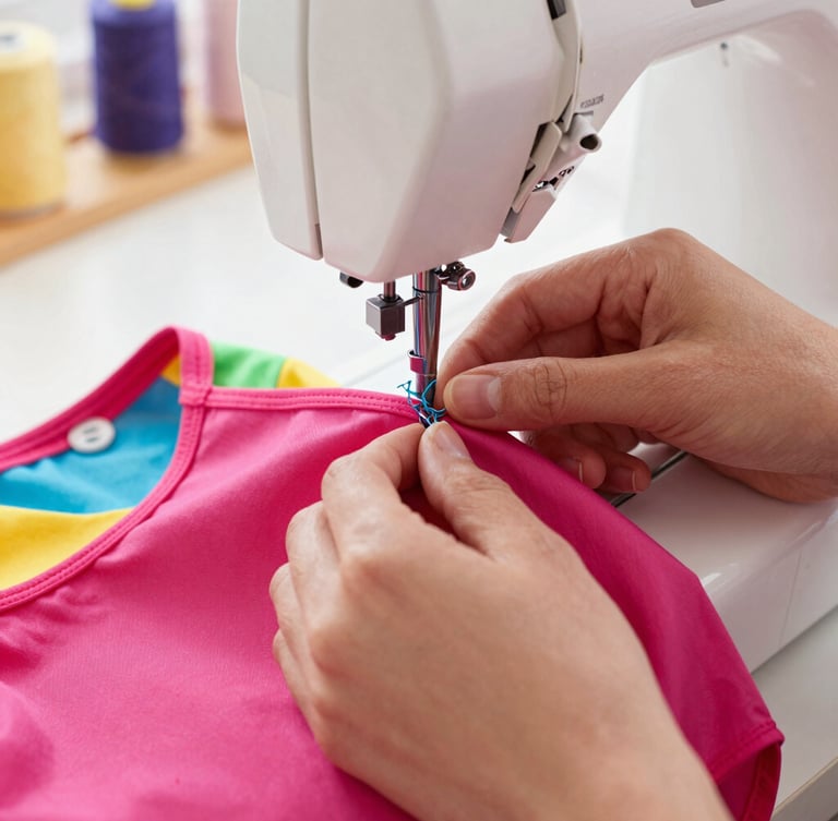 Close-up of hands carefully stitching a colorful pink pet garment on a sewing machine, vibrant fabrics, warm natural light, cozy workshop environment