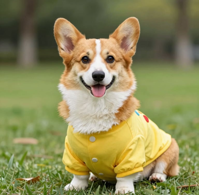 Bright pet photography, a happy corgi wearing a colorful custom-made yellow shirt, sitting proudly in a sunny park, crisp detail.