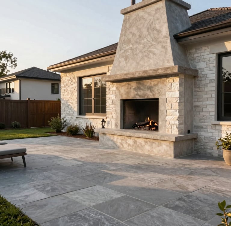 Wide-angle environmental shot of a premium residential patio with custom stone pavers, a heavy concrete outdoor fireplace, and crisp masonry joints under golden hour lighting