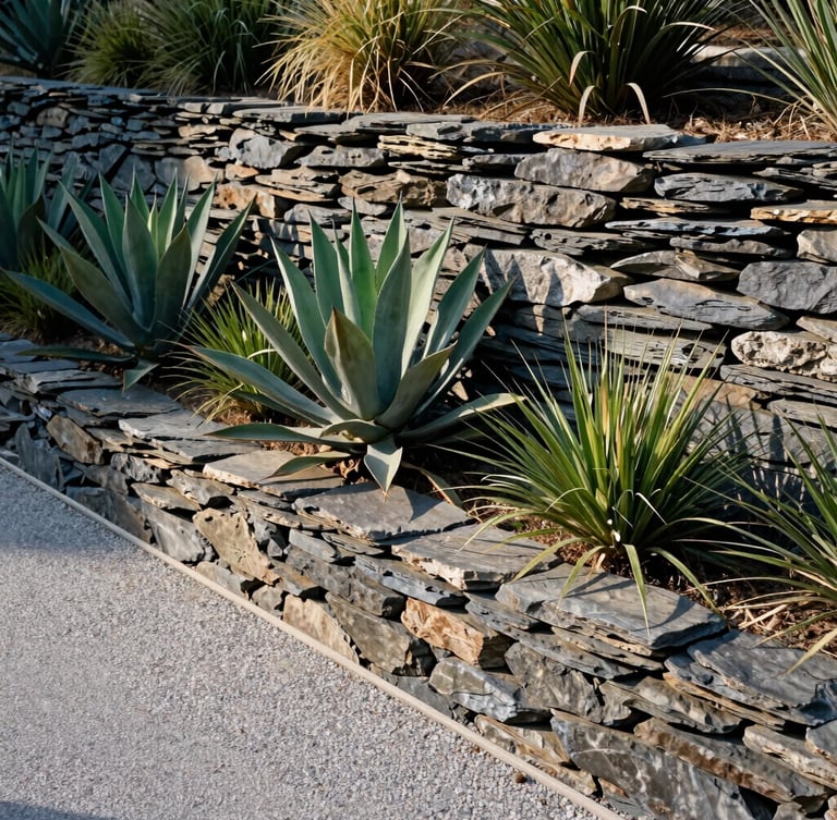Tiered dry stone retaining wall with agave plants and ornamental grasses in a xeriscape garden.
