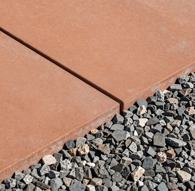A crisp close-up of a modern terracotta-toned concrete paver joint meeting textured slate gravel, sun-drenched architectural detail