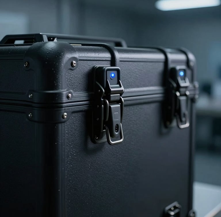 Extreme close-up of a rugged, matte black military-grade hard drive transport case with heavy-duty metal latches, cool blue status LED, sterile cleanroom laboratory background, low-key dramatic studio lighting.