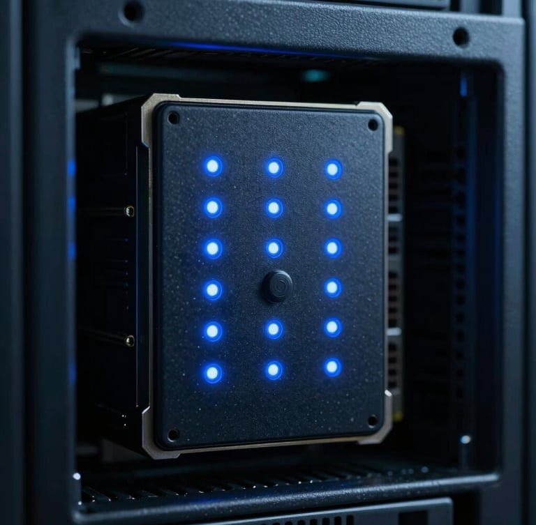 Macro shot of physical hardware security module inside a server rack, cool blue status indicator lights, sterile laboratory environment, dark cinematic photography, sharp macro lens.