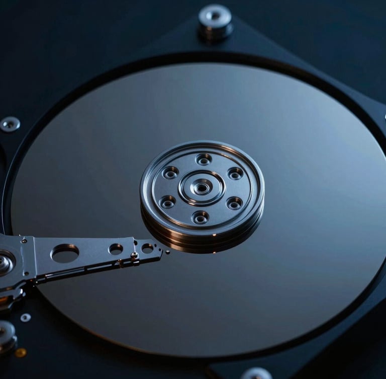 Extreme close-up of a clean-room hard drive platter, high-security command center aesthetic, cool low-key studio lighting, deep navy and slate tones